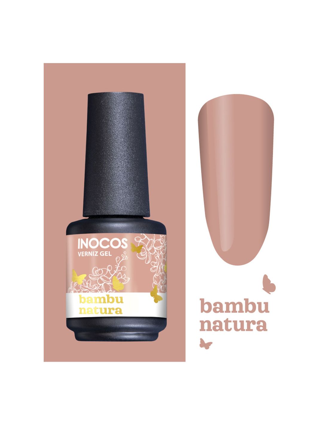 Frasco de verniz gel Inocos cor bambu natura com amostra da cor em fundo rosa claro