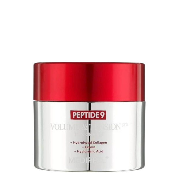 Frasco de creme Peptide9 com tampa vermelha e corpo prateado