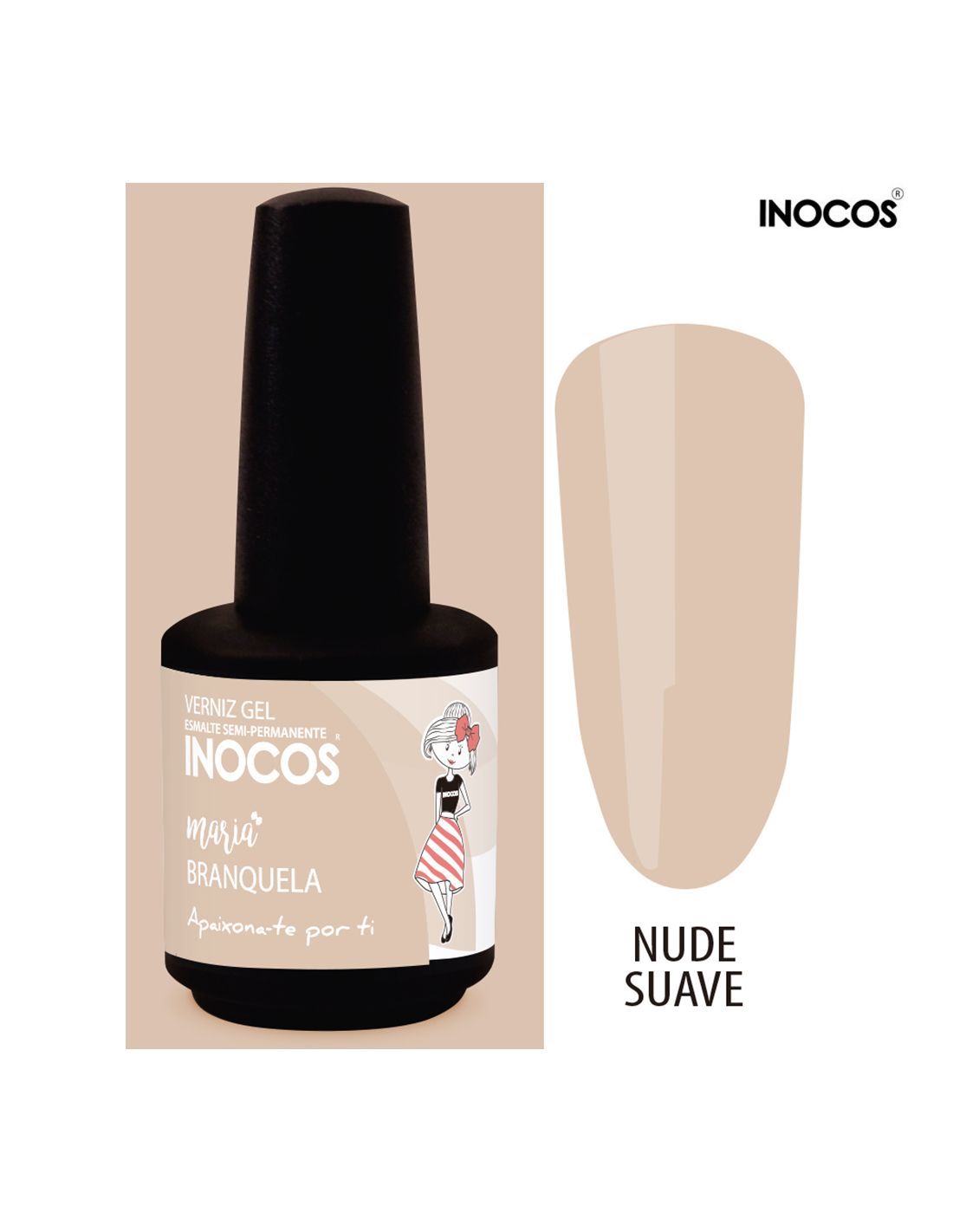 Frasco de verniz gel INOCOS nude suave com design e texto no rótulo