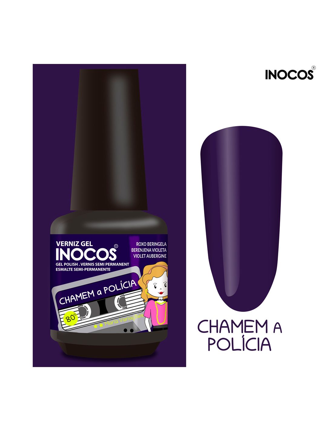 Verniz gel INOCOS roxo berinjela com embalagem preta e etiqueta Chamem a Polícia