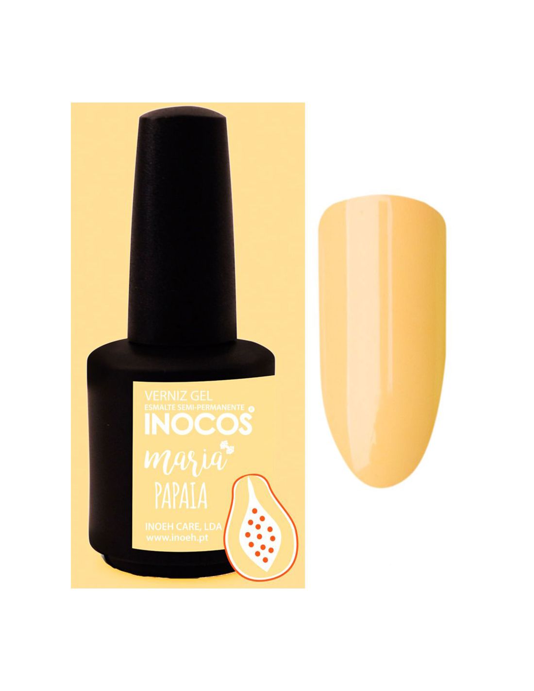 Esmalte gel INOCOS Maria Papaia com cor marfim pêssego e frasco preto