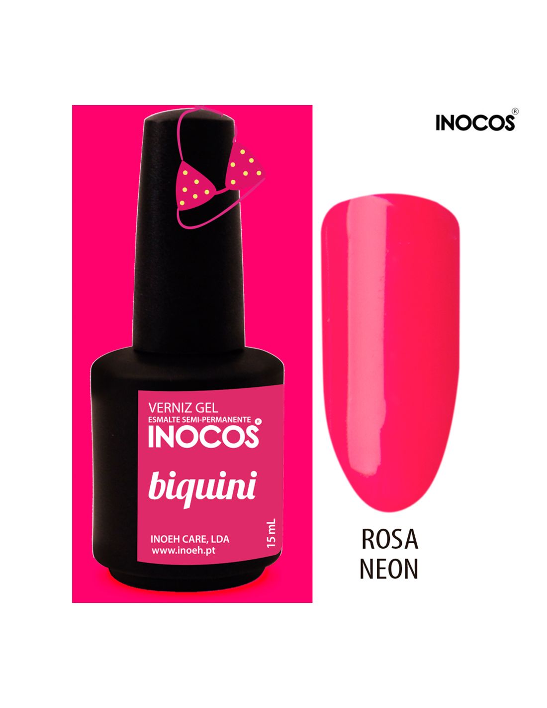 Frasco de verniz gel INOCOS rosa neon com amostra da cor