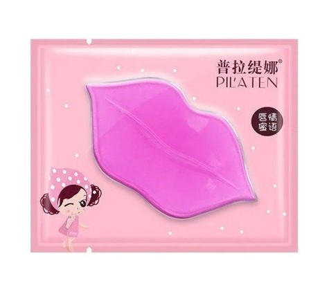 Máscara hidratante em forma de lábios rosa vibrante numa embalagem rosa com pontos brancos e ilustração de rapariga