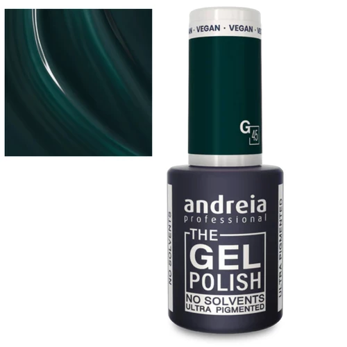 Esmalte de unhas em gel Andreia Professional preto com texto branco, tampa verde escura, cor verde escuro brilhante.