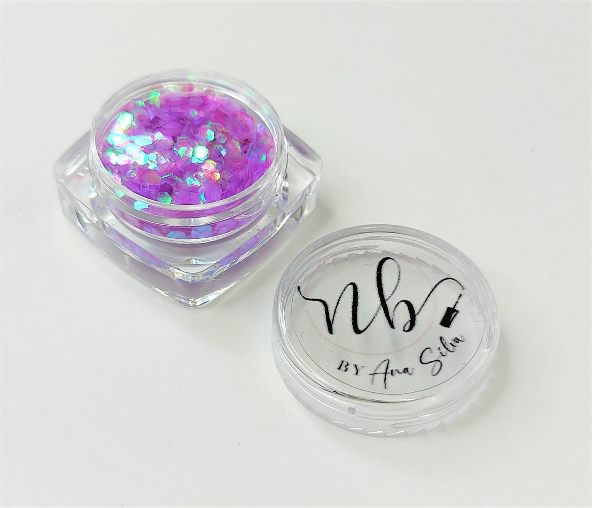 Pote de glitter roxo holográfico com tampa transparente
