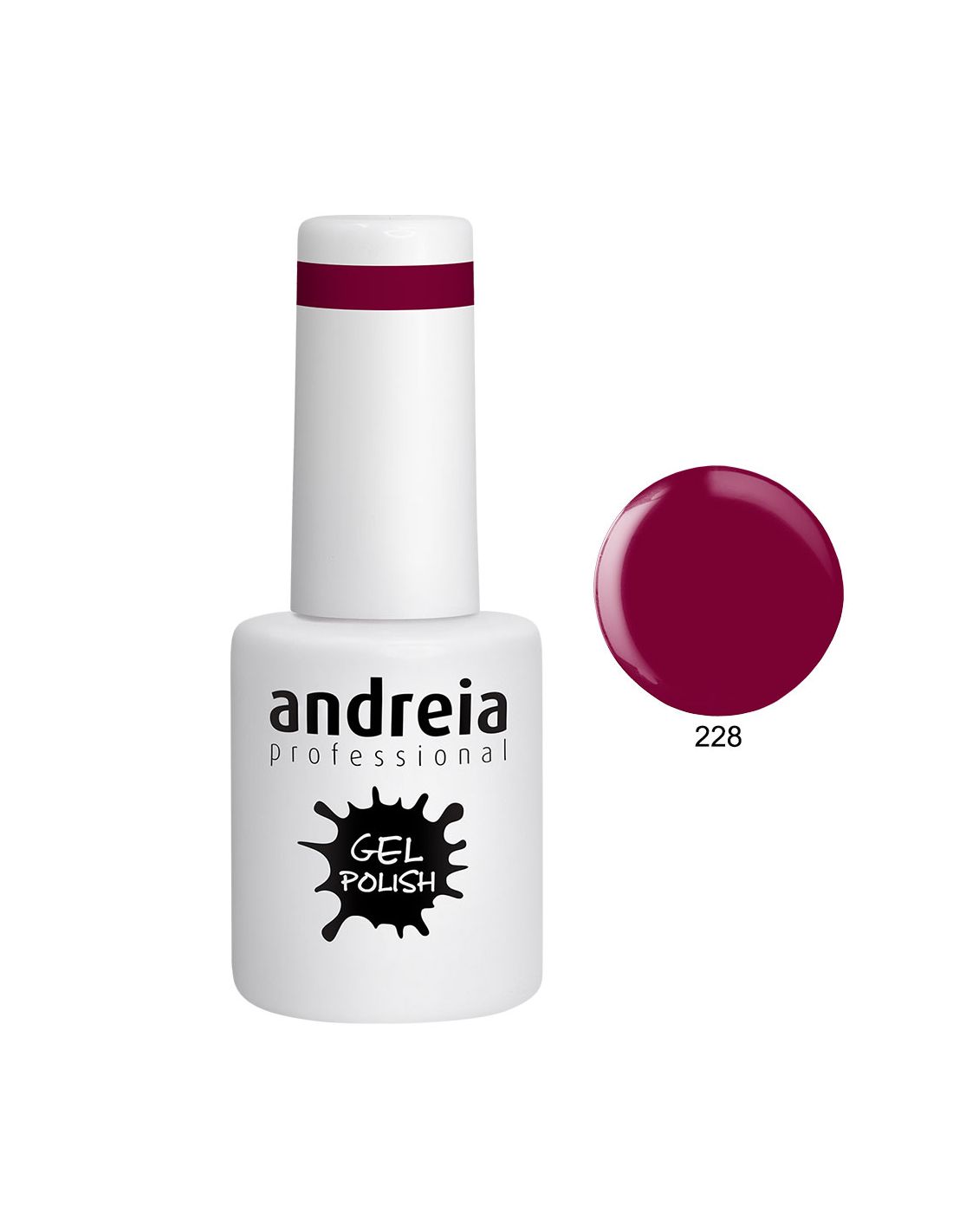 Frasco de verniz gel branco com tampa e amostra da cor vinho número 228