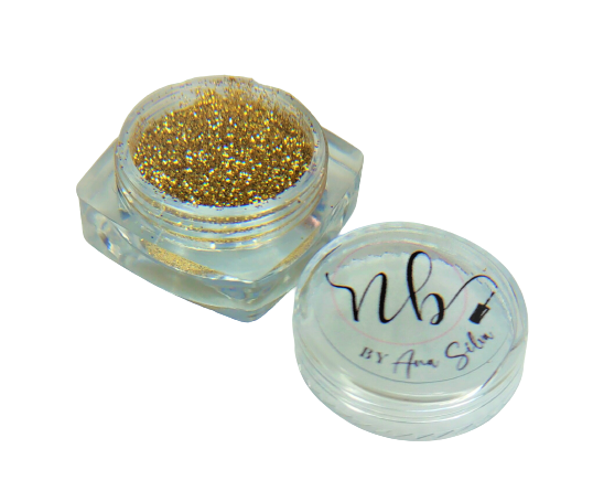 Pote transparente com glitter dourado e tampa com texto nb3 BY Ana Sônia