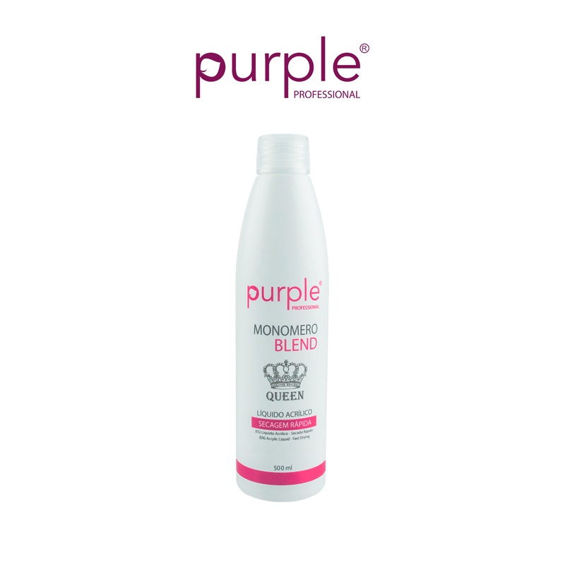 Frasco branco de plástico com tampa, texto 'purple PROFESSIONAL MONOMERO BLEND QUEEN'