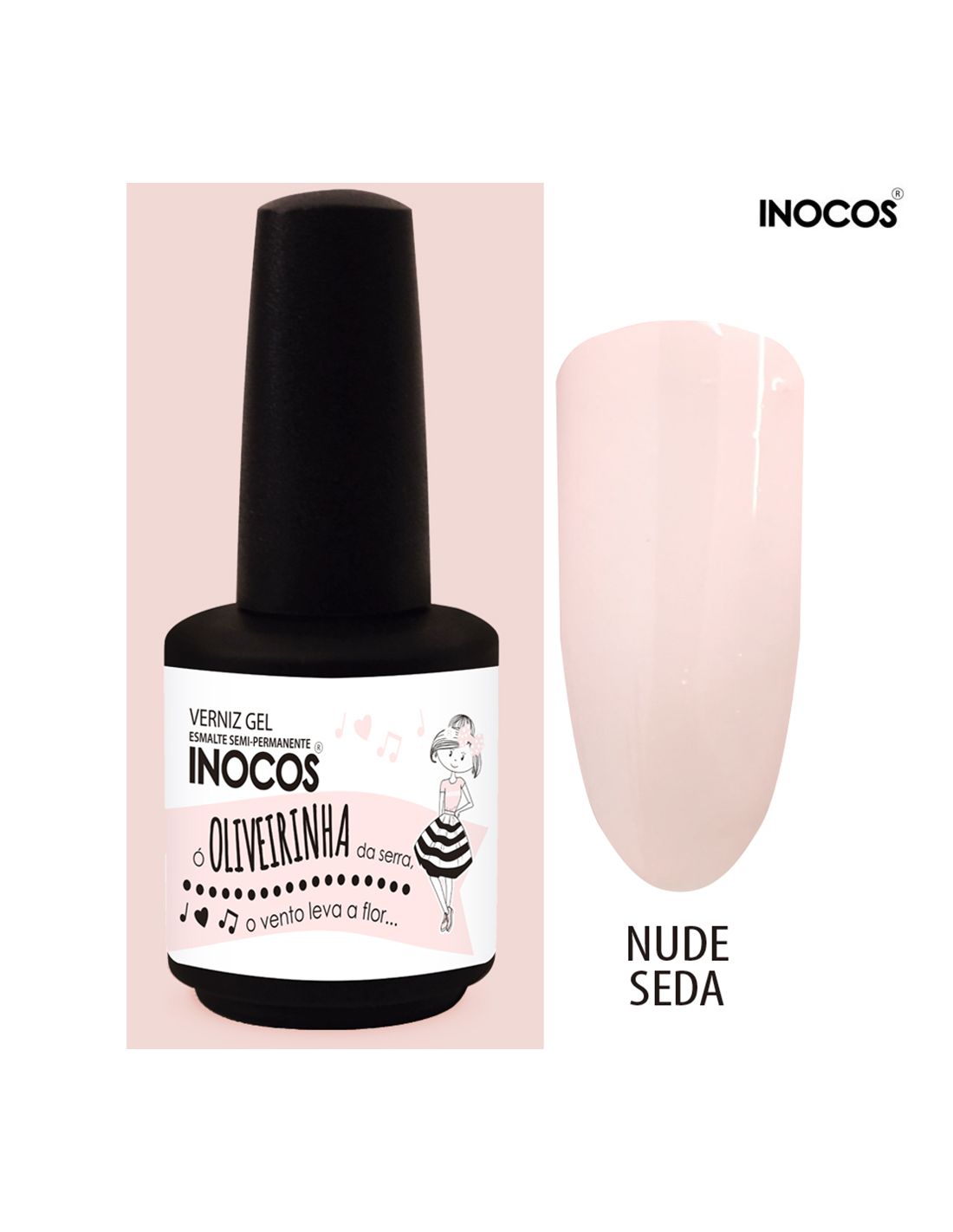 Frasco de verniz gel INOCOS rosa nude NUDE SEDA com rótulo ilustrado.