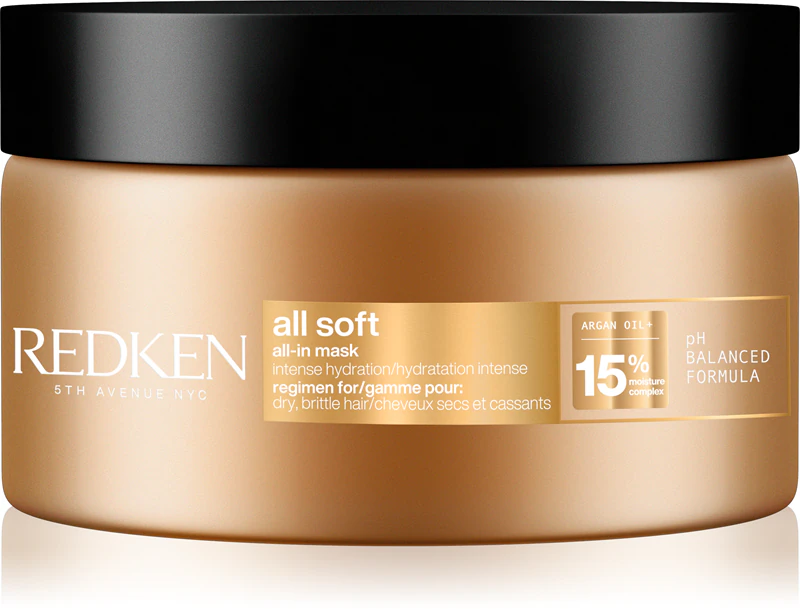 Embalagem da máscara capilar Redken all soft dourada com tampa preta e texto branco e dourado.