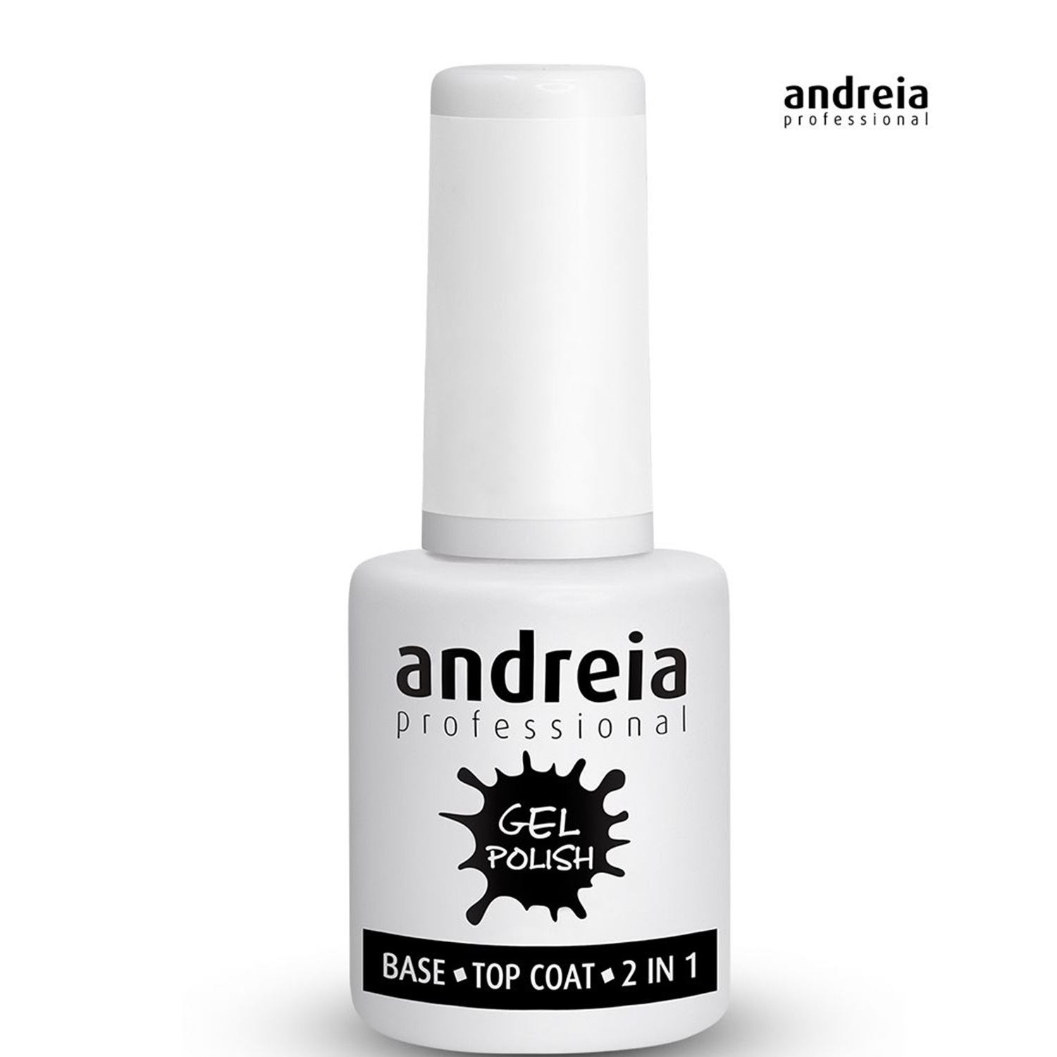 Frasco branco de verniz gel para unhas Andreia Professional com texto e rótulo preto