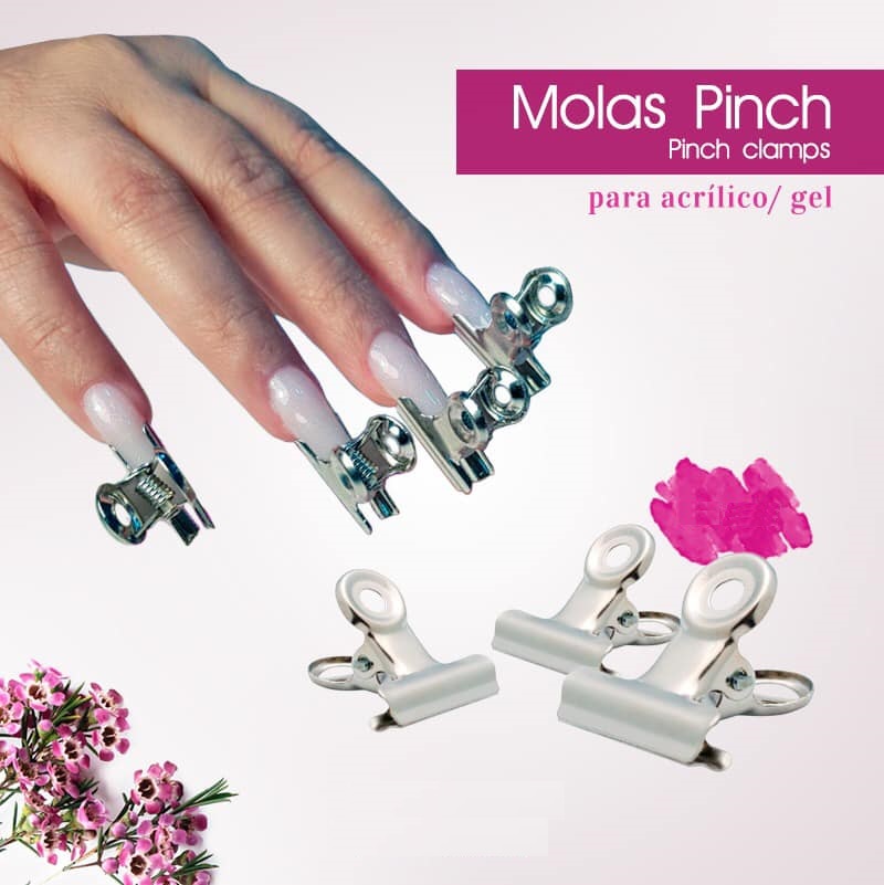 Molas pinch metálicas para unhas acrílicas ou gel, presas em unhas e soltas, com texto e flores rosas