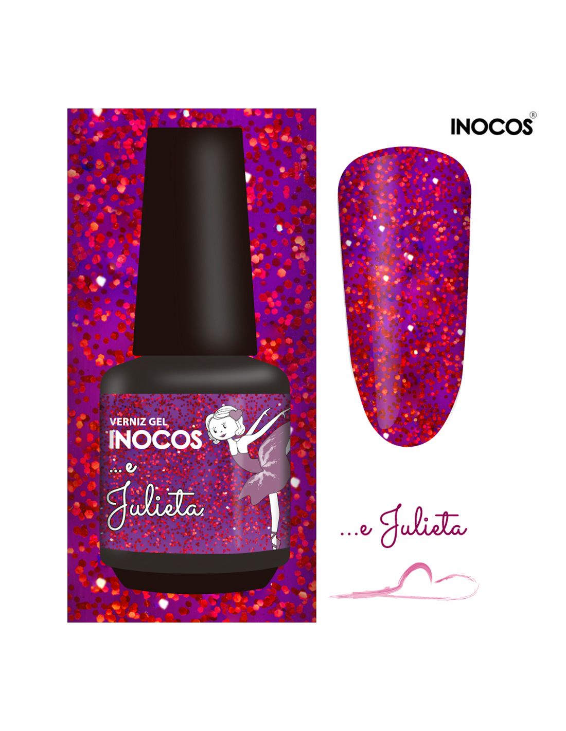 Verniz gel INOCOS e Julieta roxo com glitter brilhoso em embalagem com desenho de bailarina
