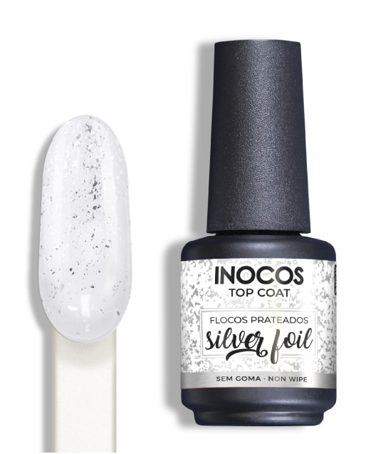 Verniz Inocos Top Coat com flocos prateados e amostra da cor
