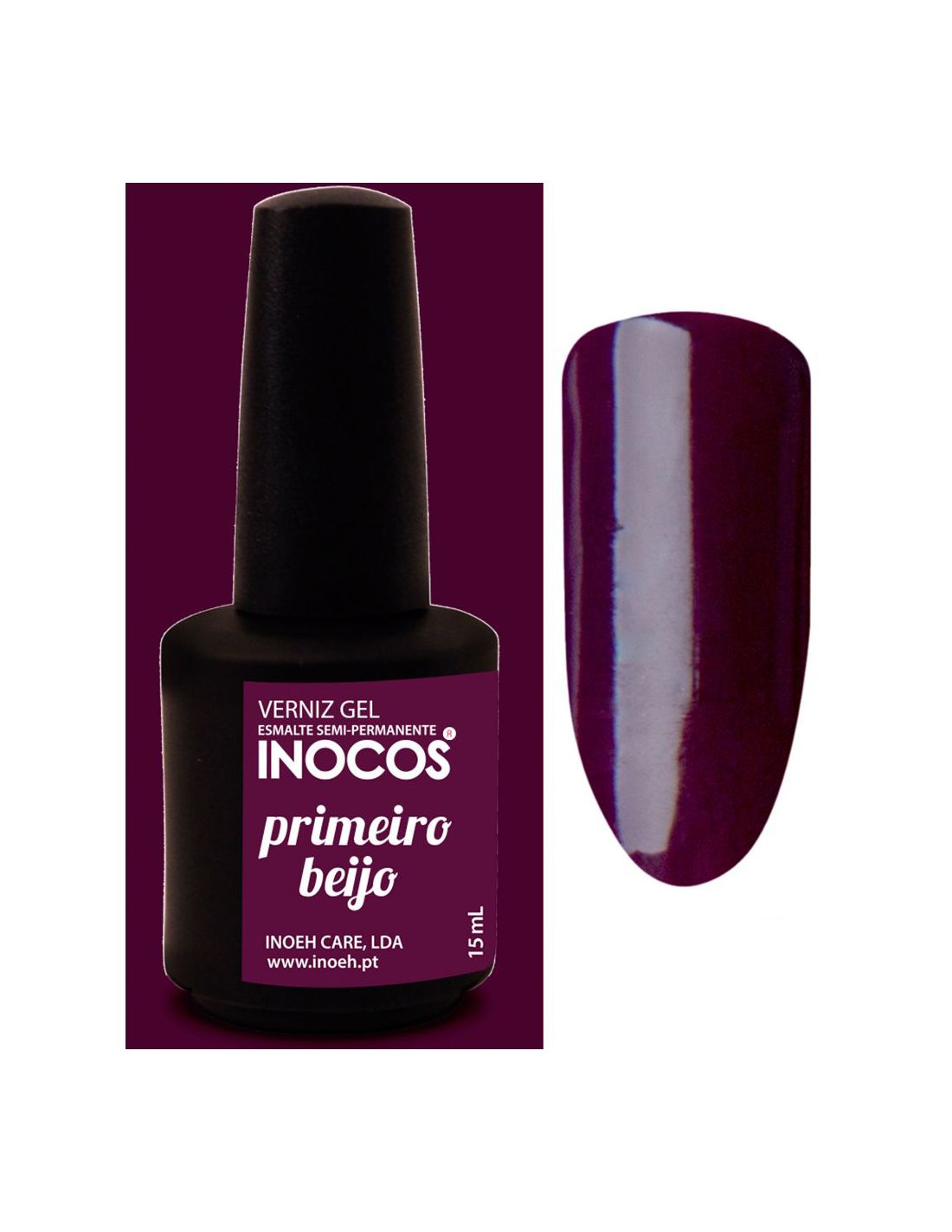 Frasco de verniz gel e amostra da cor roxa escura