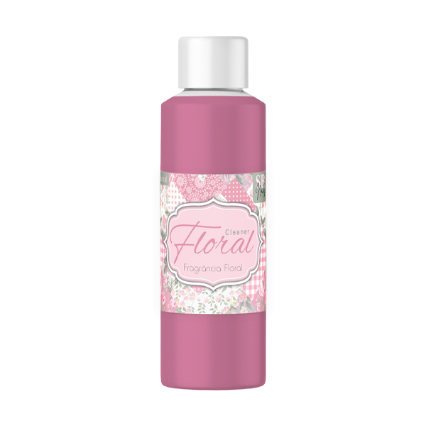 Frasco plástico rosa com tampa branca e etiqueta floral com texto