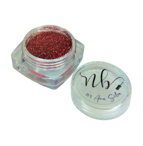 Pote pequeno transparente com glitter vermelho e tampa com texto 'nb by Ana Silva'