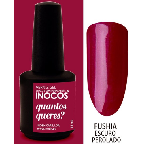 Verniz gel semipermanente Inocos fúchsia escuro perolado com frasco preto e etiqueta rosa