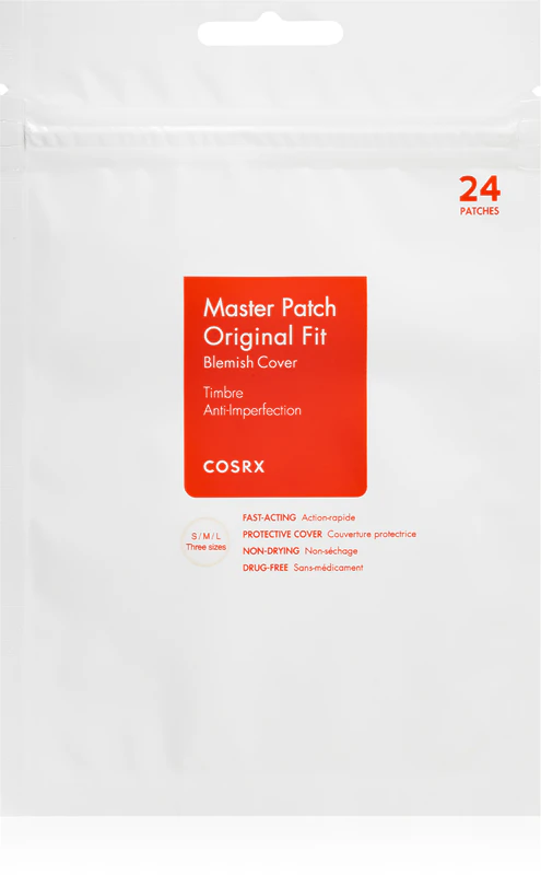 embalagem branca COSRX Master Patch Original Fit com texto em vermelho e laranja