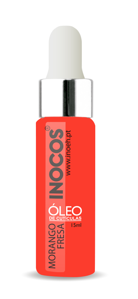 Frasco vermelho de óleo para cutículas Inocos com tampa prata e conta-gotas branco