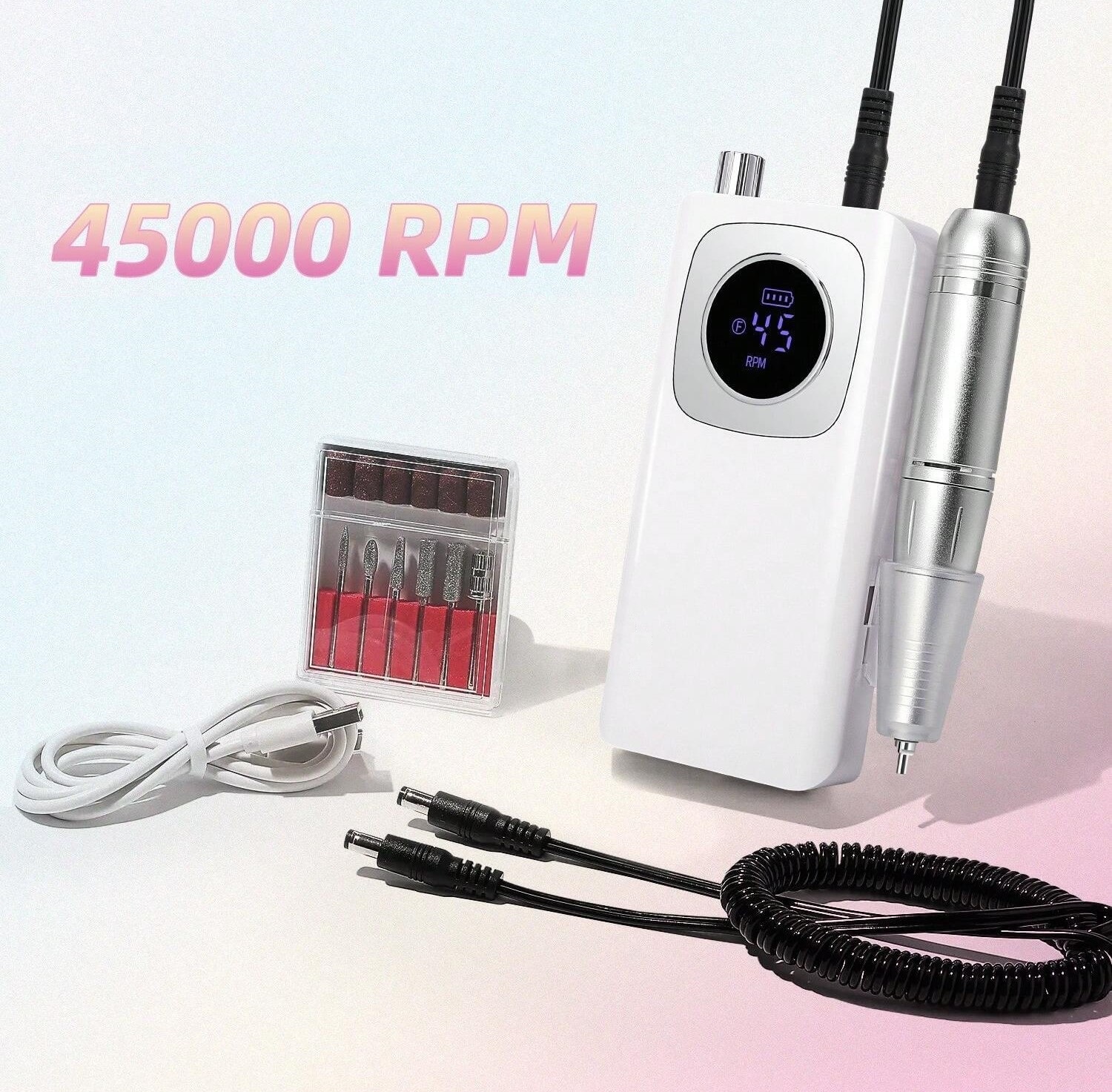 Caneta elétrica para manicure branca com ecrã digital e acessórios