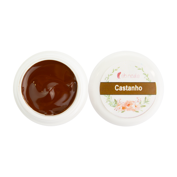 Pote aberto de creme castanho sbnails com tampa branca e rótulo Castanho