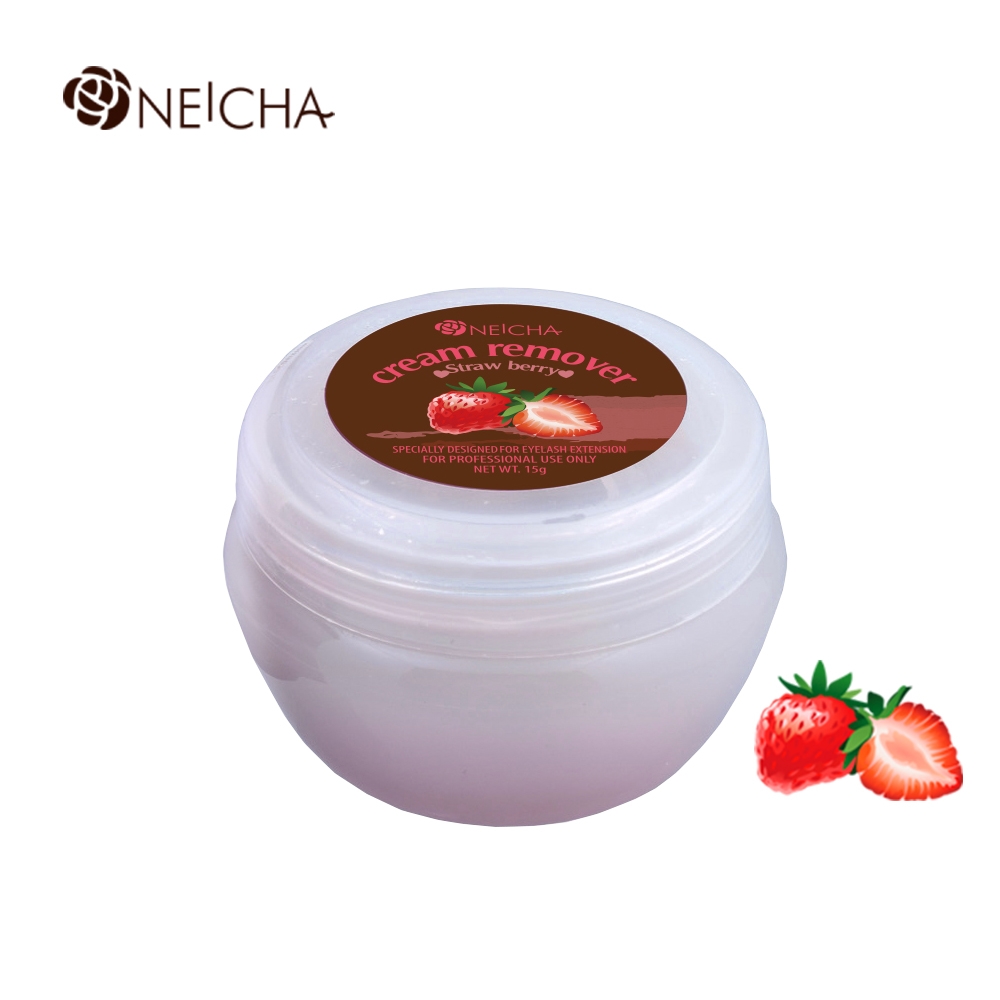 Frasco de removedor de creme Neicha de morango com rótulo castanho e morangos ilustrados