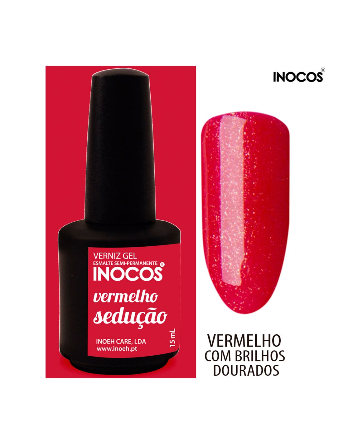 Verniz gel vermelho com brilhos dourados INOCOS
