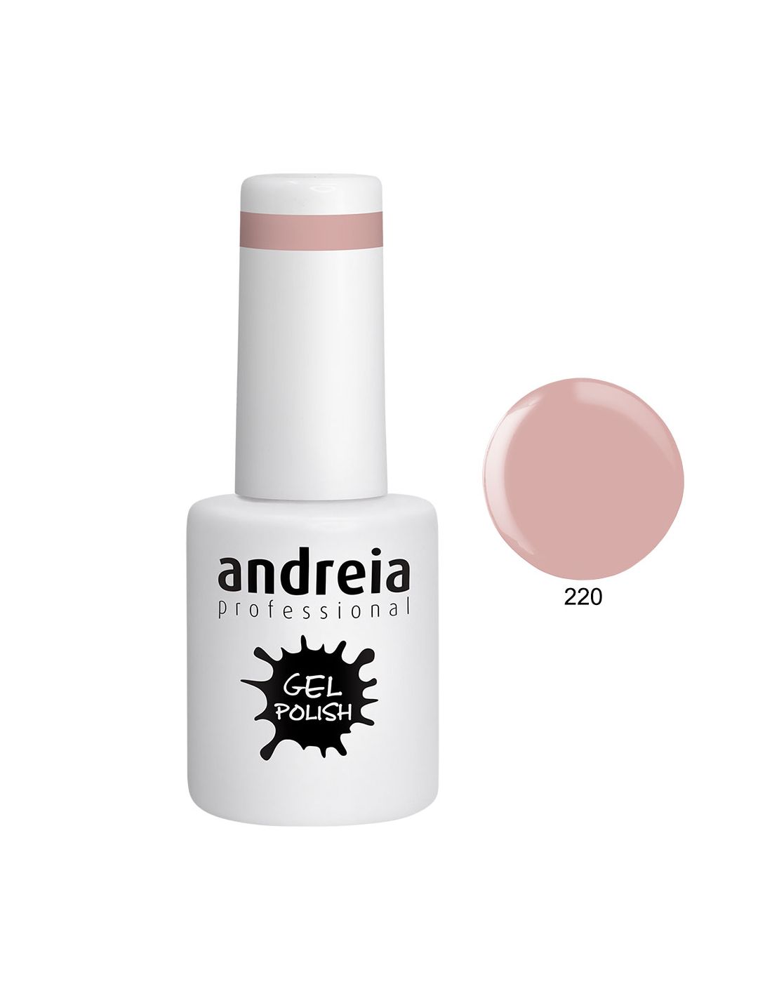 Verniz gel 'andreia professional' branco com tampa branca com faixa rosa e amostra de cor rosa claro 220