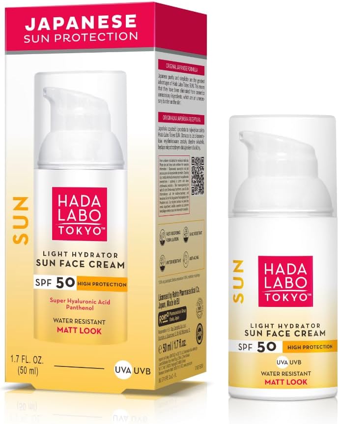 Creme solar Hada Labo Tokyo SPF 50 para rosto, embalagem branca com rosa e amarelo.