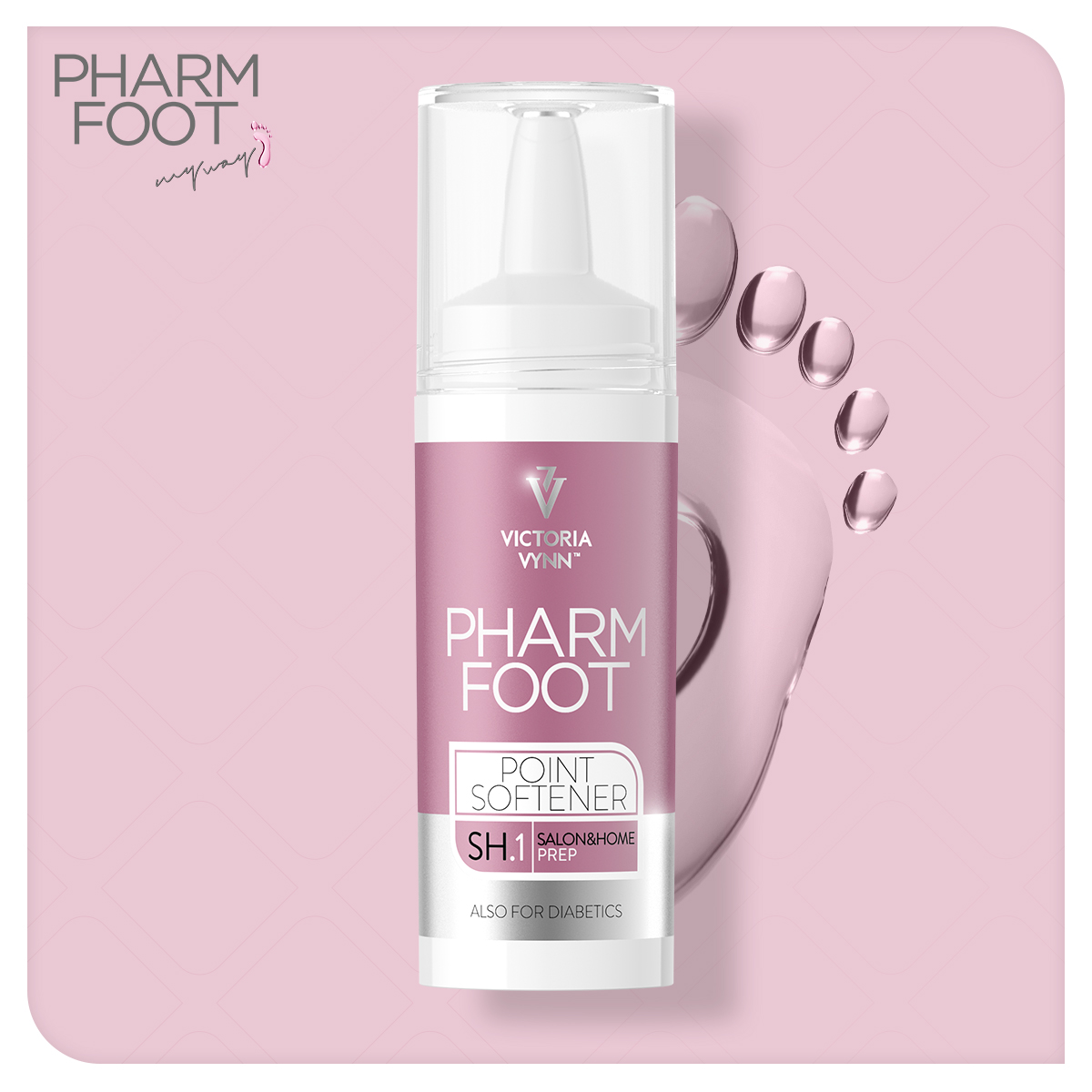 Frasco de produto cosmético Pharm Foot Point Softener da Victoria Vynn sobre fundo rosa com pegada