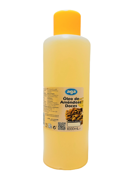 Frasco de óleo de amêndoas doces com tampa amarela e etiqueta com amêndoas
