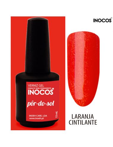 Frasco de verniz gel laranja cintilante da marca INOCOS com amostra da cor
