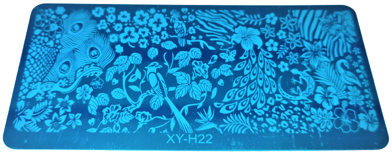 Tapete azul decorativo com flores, pavões e peixes, texto XY-H22.