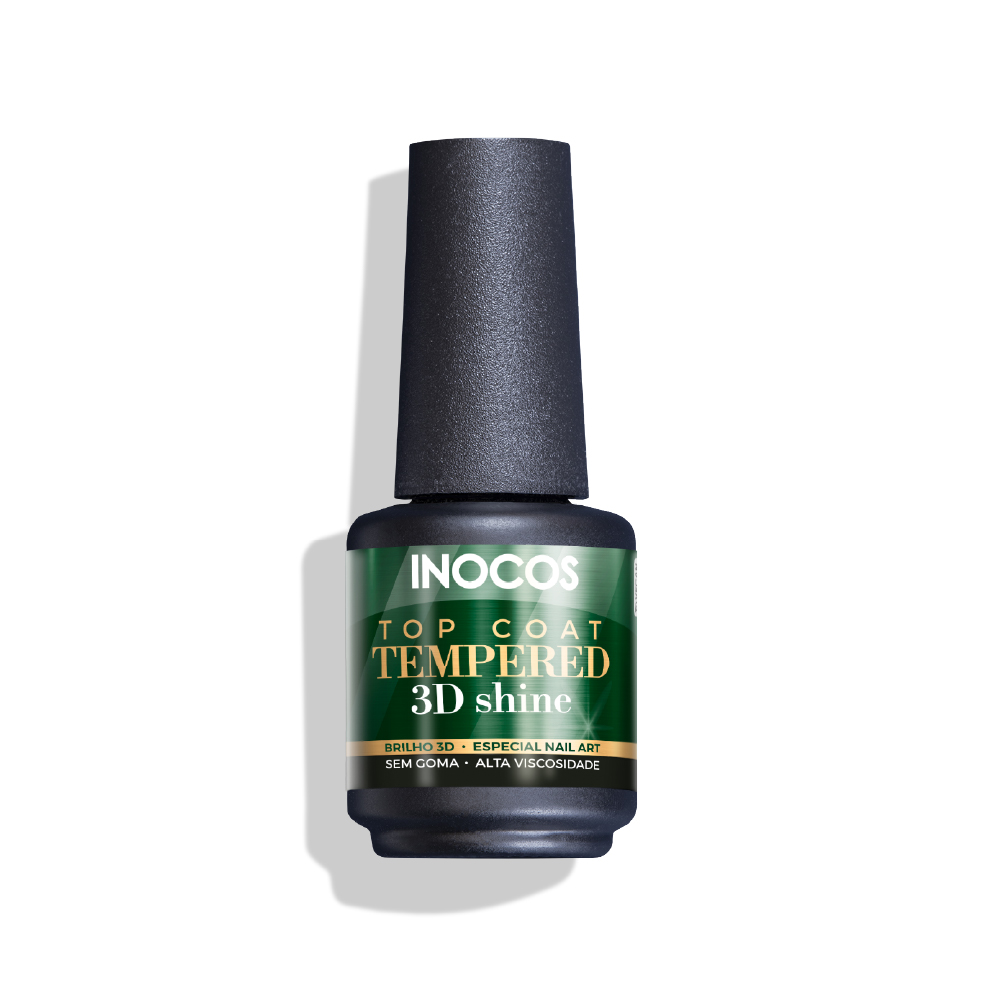 Frasco de top coat Inocos Tempered 3D Shine para unhas com tampa preta e rótulo verde