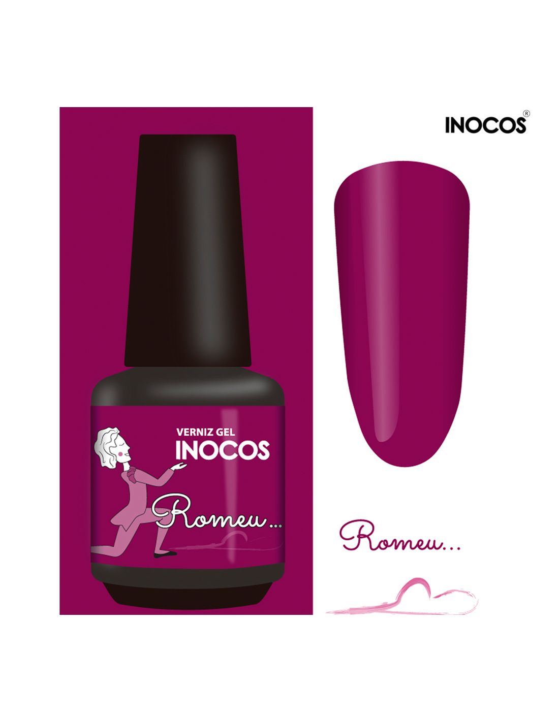 Verniz gel INOCOS cor roxa escura com rótulo e amostra de cor