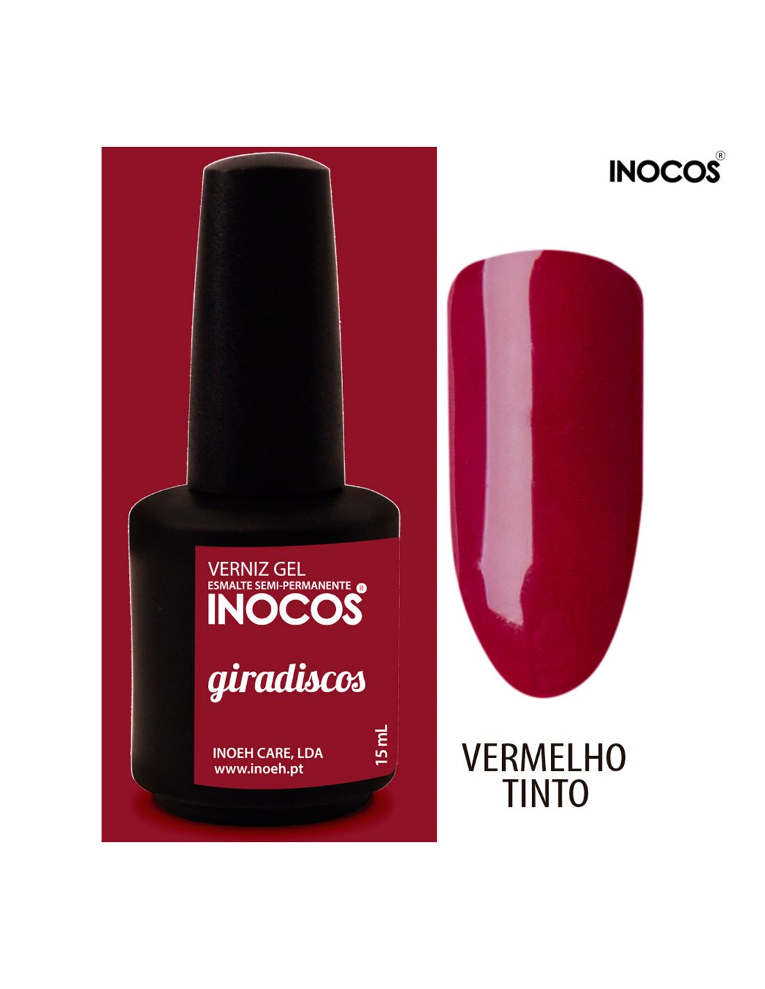Frasco de verniz gel vermelho tinto da marca INOCOS com amostra de cor