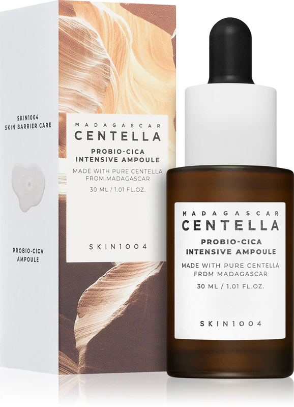 Frasco e caixa de sérum Madagascar Centella em vidro castanho e branco