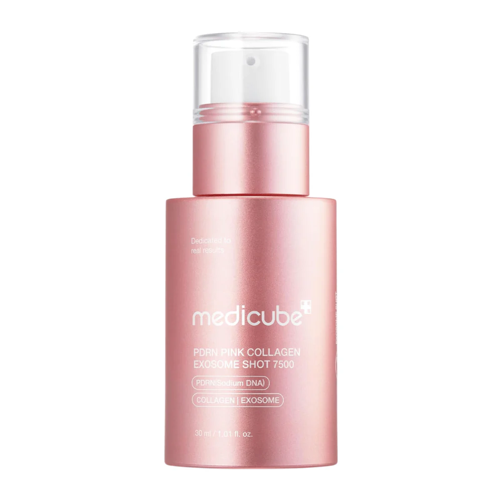 Frasco rosa metálico com doseador transparente de produto Medicube