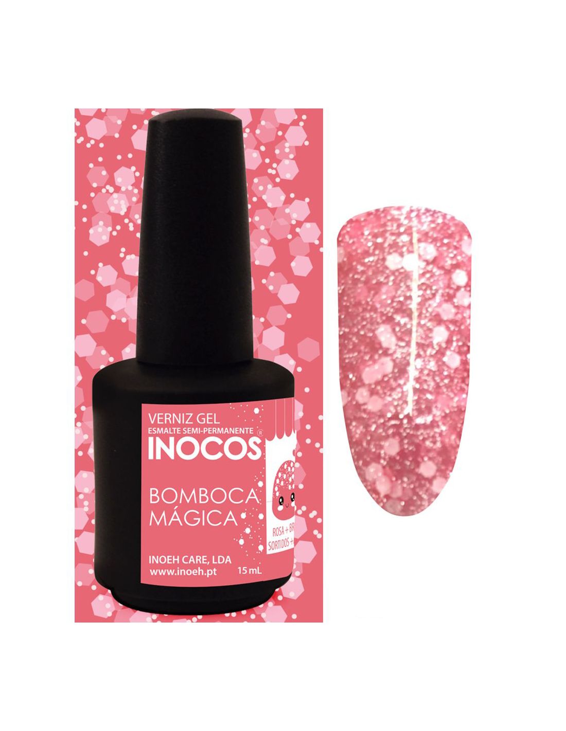 Frasco de verniz gel preto com rótulo rosa e amostra de cor rosa bolhas brancas