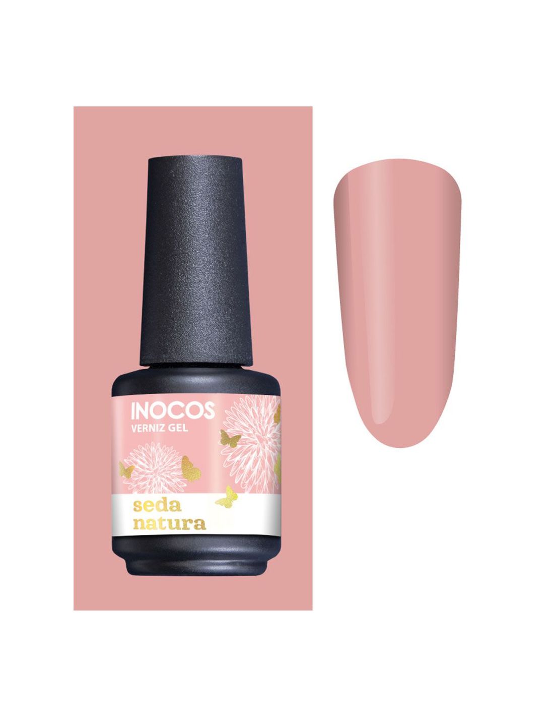Verniz gel INOCOS rosa suave com embalagem e amostra da cor