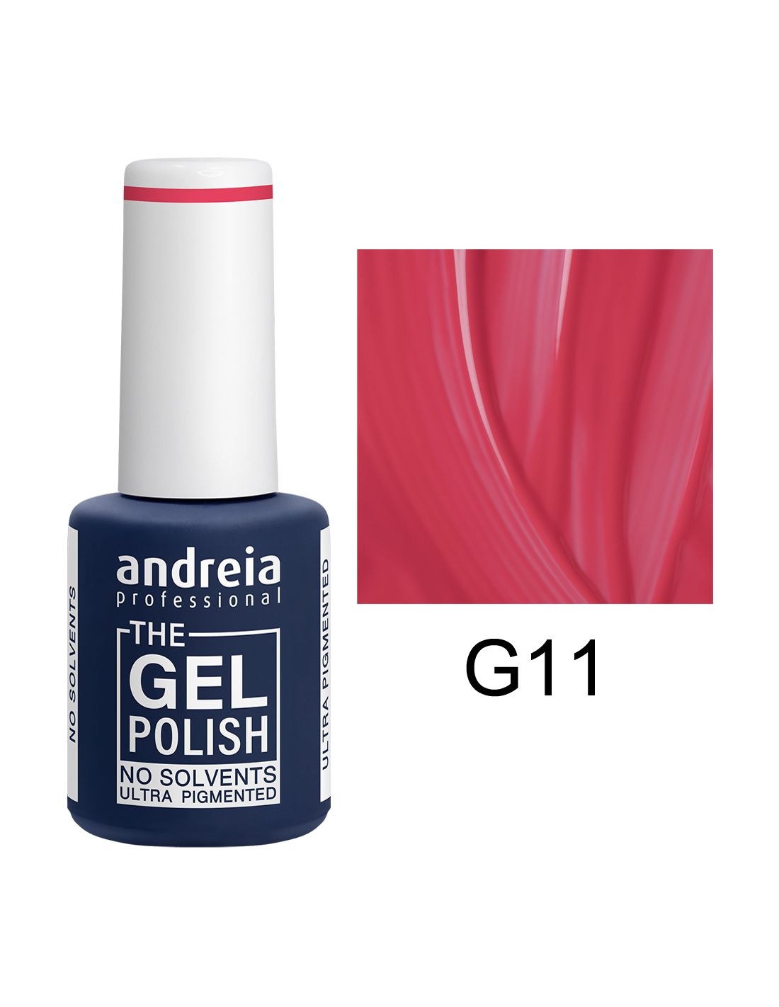 Frasco de verniz gel azul escuro com tampa branca e amostra vermelha G11