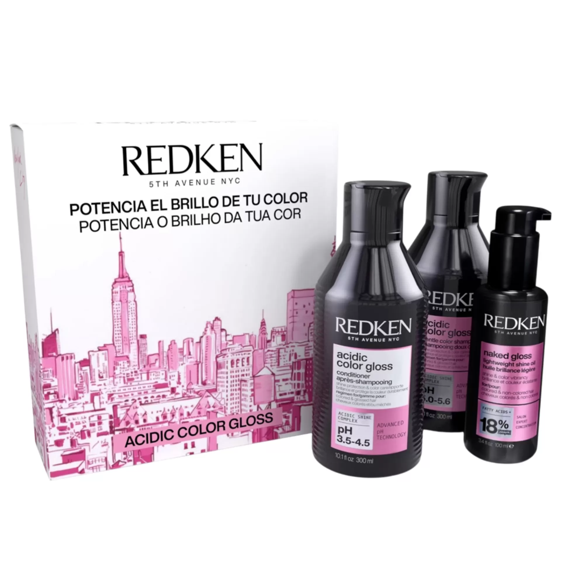 Conjunto de produtos para cabelo Redken Acidic Color Gloss com embalagem branca ilustrada e produtos em frascos pretos com rótulos rosa.