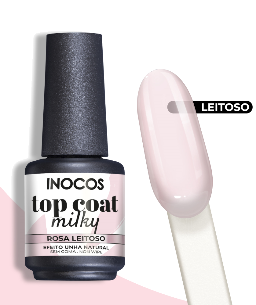 frasco de verniz Inocos top coat milky rosa leitoso com amostra da cor