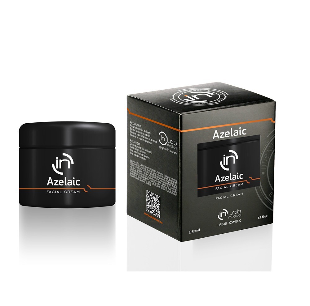Embalagem creme facial Azelaic IN Lab Cosmetics preta com texto branco e detalhes laranja
