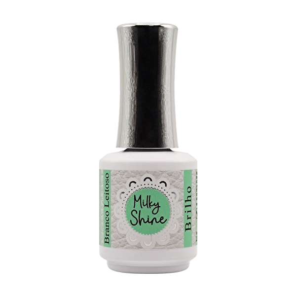 Frasco de verniz de unhas branco com rótulo Milky Shine