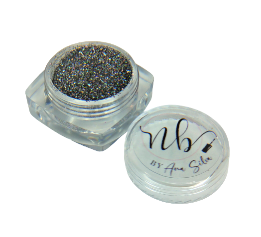 Pote de glitter preto e prata com tampa transparente e texto nb BY Ana Silva