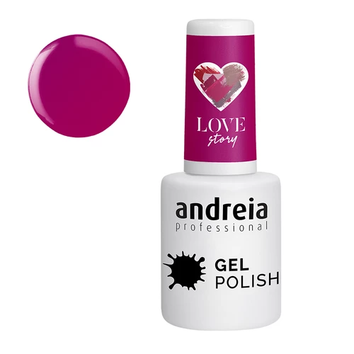 Verniz gel Andreia Professional rosa escuro com etiqueta LOVE story e amostra da cor.