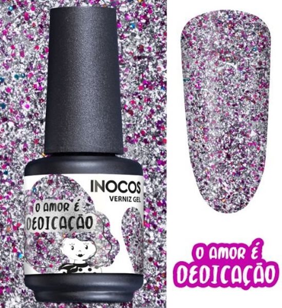 Verniz gel glitter rosa, prata e lilás com frasco e rótulo