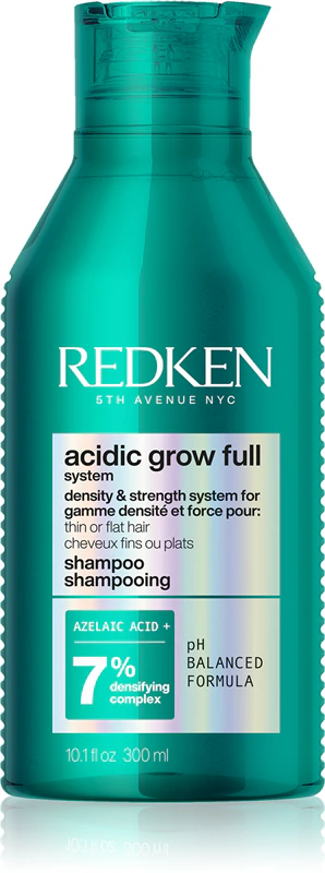 Frasco verde azulado de shampoo Redken acidic grow full 300 ml
